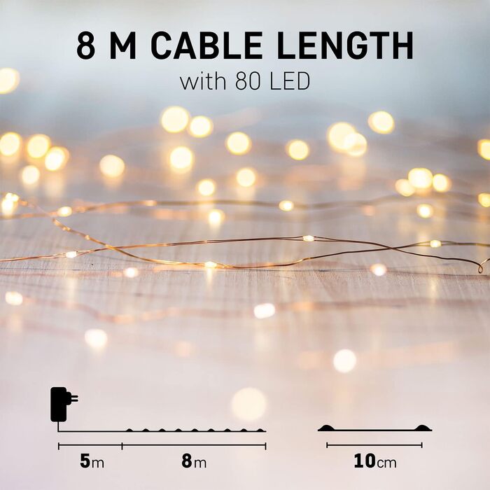 Гірлянда EMOS Micro LED 8 м, 80 діодів, тепле біле світло, мідний дріт, для дому і вулиці, водонепроникна IP44, таймер, 230В
