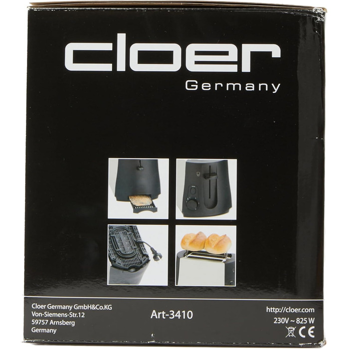Тостер Cloer 3410, 825 Вт, для 2 тостів, з підставкою для булочок, функція додаткового підйому, піддон для крихт, матовий теплоізольований металевий корпус