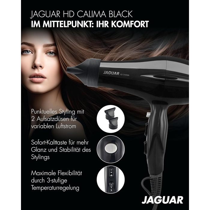 Професійний фен JAGUAR HD CALIMA Black, потужний, з кнопкою холодного повітря, регулюванням нагріву та швидкості, чорний