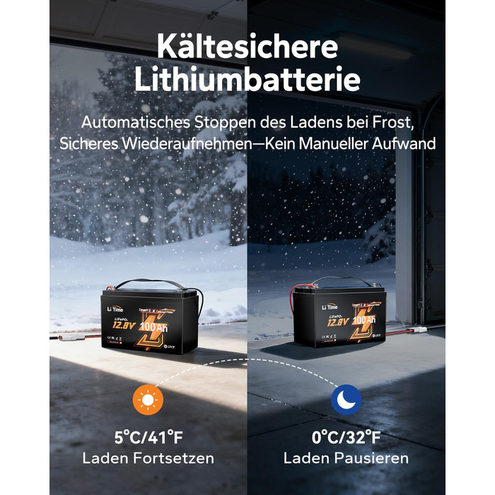 LiFePO4 акумулятор LiTime 12V 100Ah з Bluetooth для кемпінгу, житлових будинків та електромоторів човнів