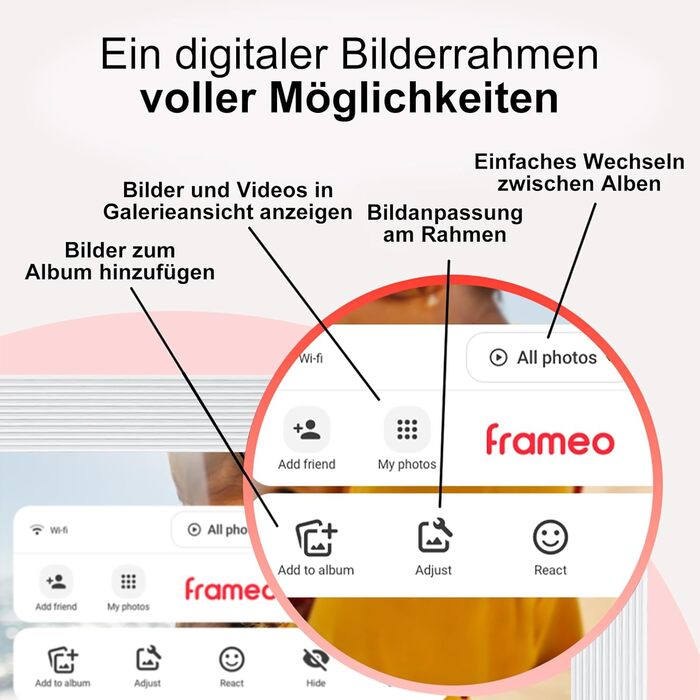 Цифровий фоторамка Frameo 15.6 дюймів, 32 GB, FHD IPS сенсорний екран, Wi-Fi, чорно-білий