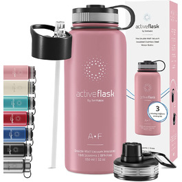 Термобутилка з нержавіючої сталі ACTIVE FLASK 950 мл, ізольована, з трубочкою, 3 кришки, BPA-free, герметична, для газованих напоїв, для води, спорту, велосипеда, дітей, чай, рожево-сіра