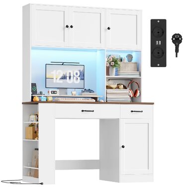 Письмовий стіл FirFurd 180x120x50 см з шухлядами, поличкою та LED підсвіткою, білий. Комп'ютерний стіл для дому, офісу, дитячої.