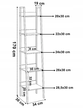 Стелаж LoftInspired 34 см x 170 см x 30 см, чорний, дуб старіння