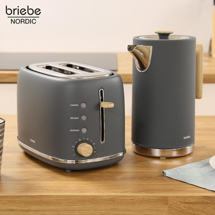 Тостер Briebe Nordic Set 2-слотовий з підставкою для булочок, 6 рівнів підсмажування + Електричний чайник 1.7л 2200Вт, Швидке нагрівання, BPA-free, Сірий