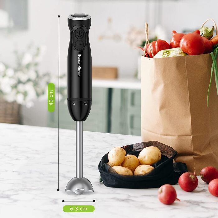 Блендер-пюре Bonsenkitchen HB3201, 1000 Вт, електричний, нержавіюча сталь, ручний міксер для дитячого харчування, супів, смузі, пюре, соусів, чорний