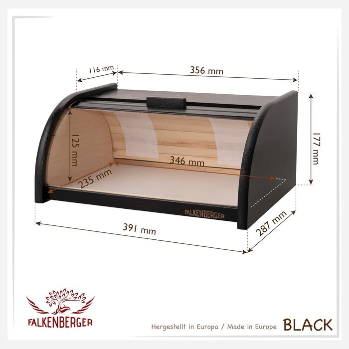 Хлібниця FALKENBERGER з дерева чорна 39x29x18 см, ручна робота, з роликовою кришкою, традиційна коробка для хліба