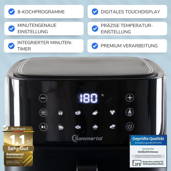 Аерофритюрниця з подвійною камерою Sommertal HF DUAL 900, 9 л, 2850 Вт, з функцією сушіння, сенсорним дисплеєм та 6 програмами, BPA-free