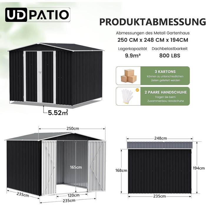 Садовий будинок UDPATIO металевий 4 м³ 228x121x181 см для вулиці, сталевий, з замком, сірий. Гараж для велосипедів, склад.