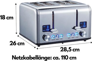 Тостер Steinborg XXL з довгими слотами, цифровим дисплеєм, підсвічуванням, на 4 скибки, 1630 Вт, з підставкою для булочок, функцією розморожування та висувним піддоном для крихт