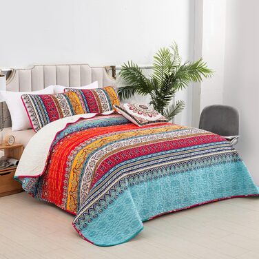 Постільна покривало WONGS BEDDING Boho 3-предметний комплект (220x240 см) з 2 наволочками 50x70 см, стібана ковдра з мікрофібри для спальні та дивана, Беміс