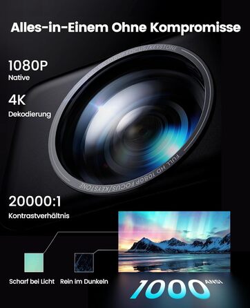 4K проєктор Smart Beamer з Netflix, Dolby Audio, 1000 ANSI люмен. Підтримка автофокусу, корекції трапеції 6D, WiFi 6/Bluetooth. Підходить для Android/iPhone, для дому та на вулицю. Чорний.