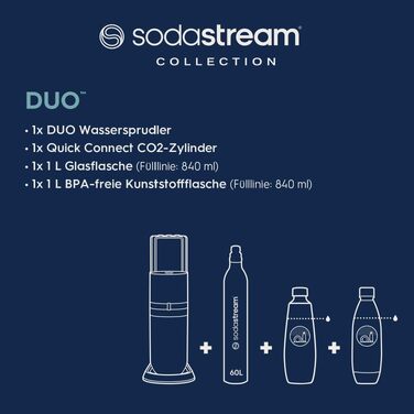 Сифон для води SodaStream Duo з CO2-циліндром, 2 скляними та 2 пластиковими пляшками по 1л (dishwasher safe), білий