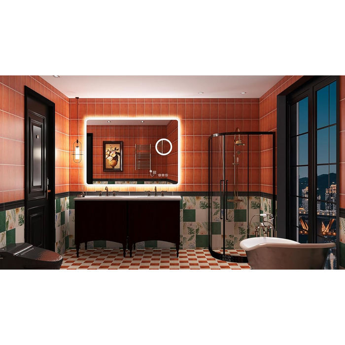 Дзеркало для ванної кімнати S'bagno з підсвічуванням 80x60 см, LED, Bluetooth, 5x збільшення, протитуманне покриття, 3 кольори, регулювання яскравості, пам'ять налаштувань, загартоване скло, IP44, водонепроникність, горизонтальна/вертикальна установка, M6