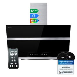 Пристінна витяжка KKT Kolbe Hermes 8005SM 80 см, нержавіюча сталь та чорне скло, продуктивність 782 м³/год, WLAN, RGBW-LED підсвічування, сенсорне керування, клас A+++