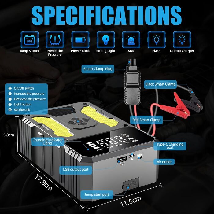 Пусковий пристрій для авто (бустер) з компресором 6000A, портативний Jump Starter Powerbank з LED-ліхтарем та дисплеєм, жовто-чорний