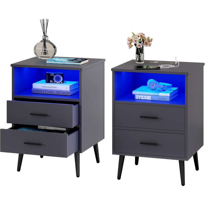 Сучасна тумба приліжкова LVSOMT з LED-підсвіткою, 2 шухляди, USB та Type-C зарядка, чорна, для спальні та вітальні