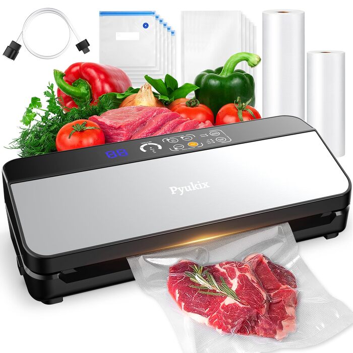 Вакууматор 8-в-1 для продуктів з потужністю 80 КПа, режимами «сухий/вологий», вбудованим різаком та відсіком для пакетів, цифровим таймером, нержавіюча сталь (комплект: шланг, 2 рулони, 11 пакетів)