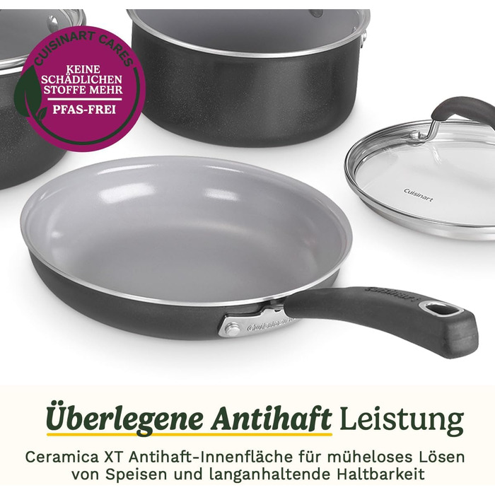 Набір посуду Cuisinart Ceramica XT 11 предметів: каструлі, сковороди, сотейник, пароварка, антипригарне керамічне покриття з титановим зміцненням, без PTFE, PFOA та PFAS, для всіх типів плит, чорний колір