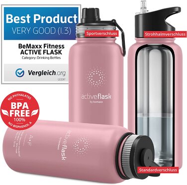 Термобутилка з нержавіючої сталі ACTIVE FLASK 950 мл, ізольована, з трубочкою, 3 кришки, BPA-free, герметична, для газованих напоїв, для води, спорту, велосипеда, дітей, чай, рожево-сіра