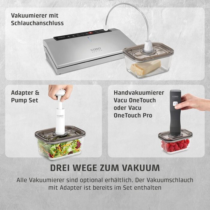 Вакууматор CASO Vacu OneTouch Eco-Set: бездротовий ручний вакууматор, 3 скляних контейнери, 10 ZIP-пакетів та стікери Food Manager, акумуляторний, чорний