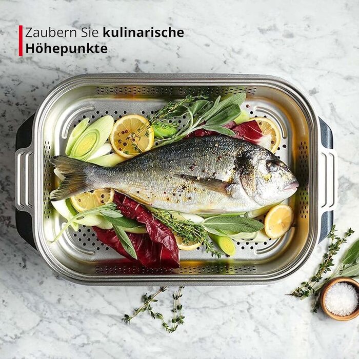 Професійна жаровня MEISTERKOCH 7,5 л з кришкою із скла, прямокутна, чорний алюмінієвий литий корпус, для індукції, з паровою вставкою, для духовки до 300°C, підходить для посудомийки, з термометром для запікання