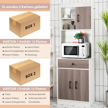 Кухонна шафа-буфет GIANTEX біла, багатофункціональна шафа для мікрохвильовки 60x180 см, з шухлядою та регульованими полицями, з кріпленням до стіни