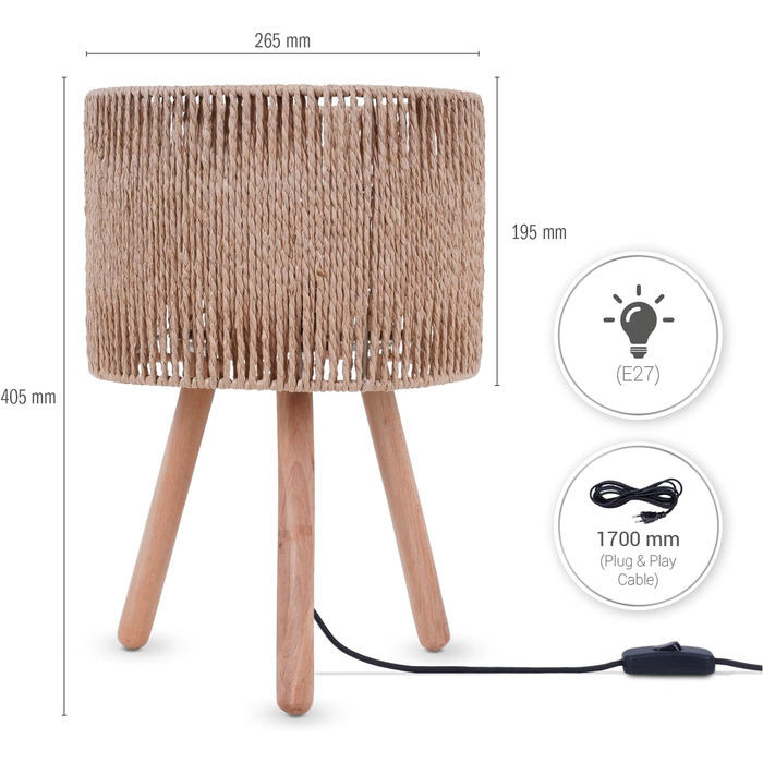 Настільна лампа Paco Home Boho з абажуром, натуральний колір, декор з ротангу, для спальні та робочого столу, E27