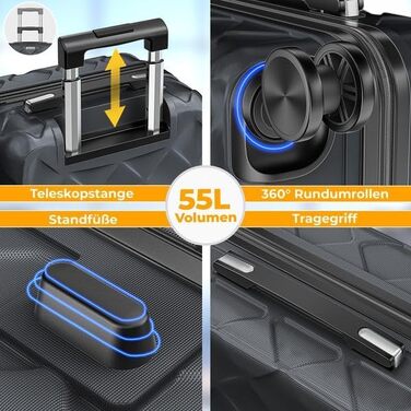 Валіза для подорожей KESSER® 55 см, 55л, ABS пластик, жорстка оболонка, колір Charcoal (вугільний) з кодовим замком, вагами для багажу та гаманцем, 360° колеса, телескопічна ручка