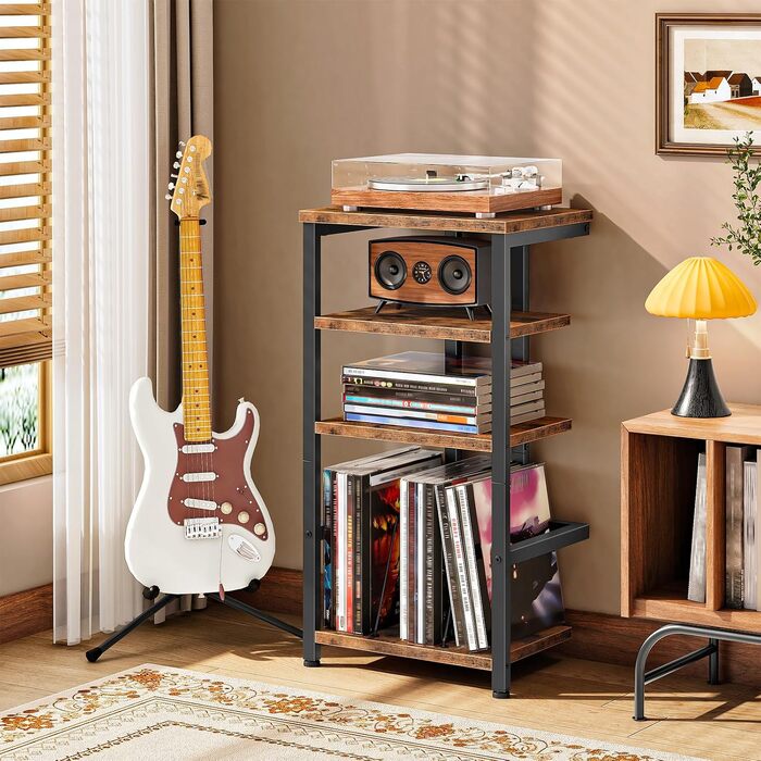 HOOBRO HiFi-тумба з 4 полицями для вінілу та аудіотехніки, вінтажний стиль, чорний/коричневий EBF42CJ01