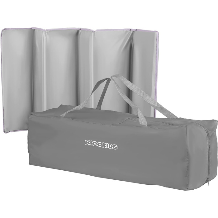 Дитяче ліжечко-манеж Ricokids, складане, 125x65x78 см, 15 кг, з матрацом і колесами, бічний вхід, світло-сірий та лавандовий