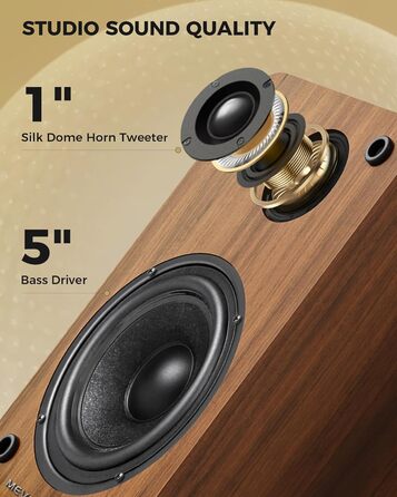 Активні полочні колонки 36W RMS, бездротові Bluetooth 5.4 динаміки для ПК з 5-дюймовим вуфером, USB-цифровим аудіо, регулюванням басів та високих частот, студійні монітори з RCA для вінілового програвача та ТВ, дерево