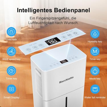 Повітряний осушувач Macchiatto Elektrischer Kompakt 16л для приміщень до 80м³ (32м²) з автоматичним режимом та колесами