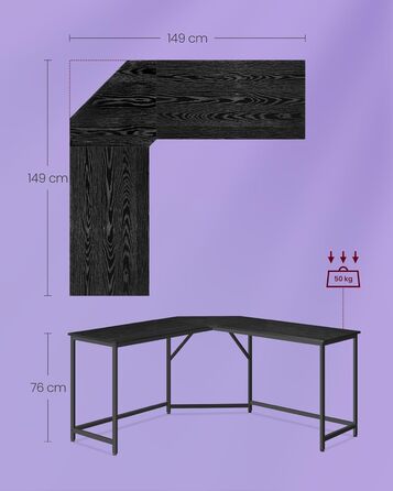 VASAGLE кутовий письмовий стіл L-подібний 149x149x76 см, ігровий та офісний, для домашнього кабінету, компактний, легке складання, грейдж з чорним