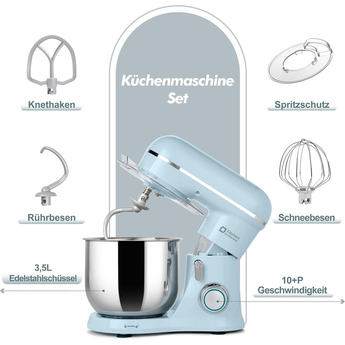Кухонний комбайн Kitchen in the box — планетарний міксер та тістоміс 3.5 л, 10 швидкостей, з насадками (гак, вінчик, міксер), синій
