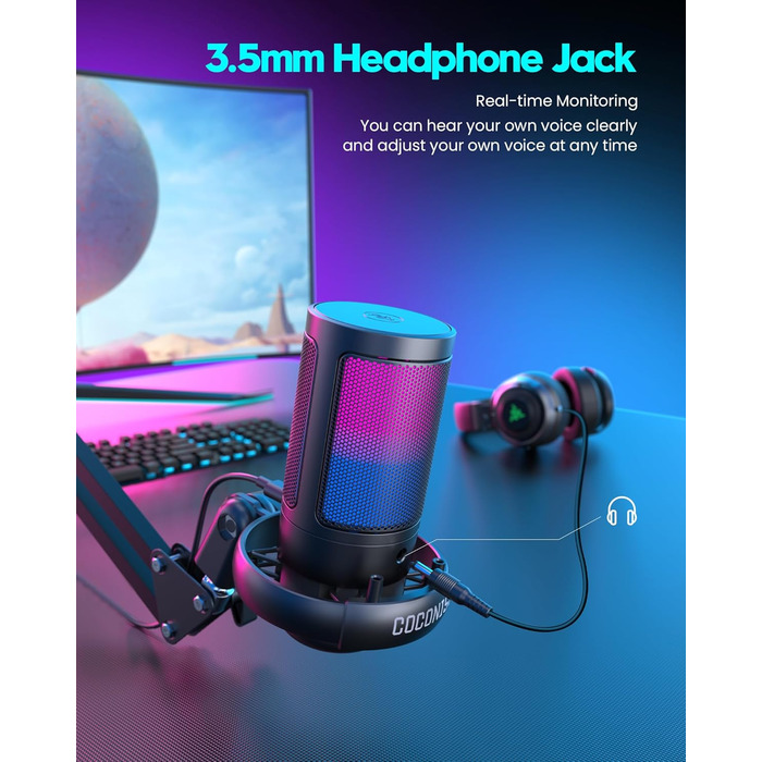Мікрофон ігровий COCONISE RGB для ПК, стримінгу, подкасту, студії. USB мікрофон з 3.5 мм роз'ємом, регулюванням гучності та виносним кріпленням