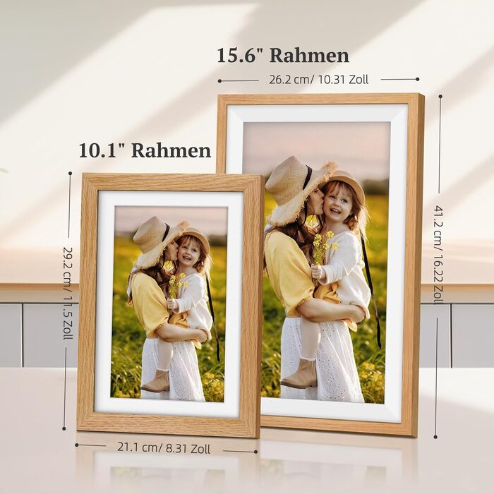 Frameo Цифровий фоторамка 15.6 дюймів: Електронний, з Wi-Fi, 32GB, IPS Touchscreen, відправка фото через додаток, подарунок, дубова рамка