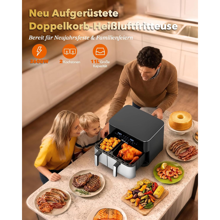 Аерофритюрниця WELLENT Dual Zone XXL 11л (6+6л), 2950W, з двома камерами, вікном перегляду та функцією Match & Sync