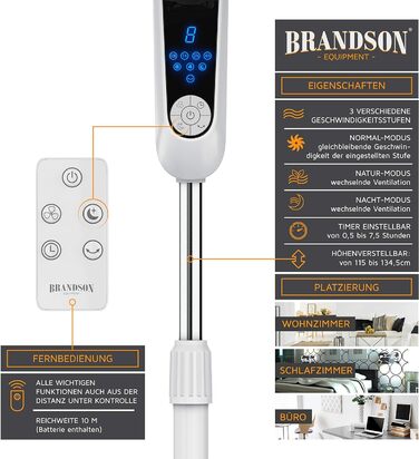 Вентилятор підлоговий Brandson Silent з пультом, дисплеєм, 60 Вт, білий, тиха робота, осциляція 80°, регульована висота 115-134 см, нахил 35°