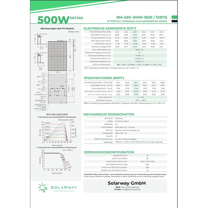 Двобічна сонячна панель Solarway 500W Full Black n-type Glas-Glas для балкона (набір 4 шт), позитивна толерантність потужності