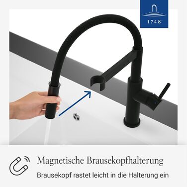 Змішувач кухонний Villeroy & Boch Steel Expert Compact, чорний матовий, з висувним гусаком та перемикачем, висота 170мм