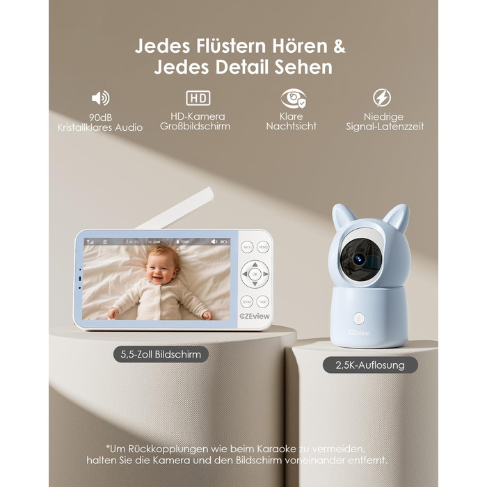 Відеоняня з камерою 2.5K та 5.5" HD екраном, нічний режим, Wi-Fi, додаток, музика, нічник, датчик руху (Синій, 2 камери)