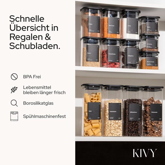 Набір скляних герметичних контейнерів для зберігання продуктів KIVY, квадратні, з кришками та етикетками, чорні, 4х400 мл