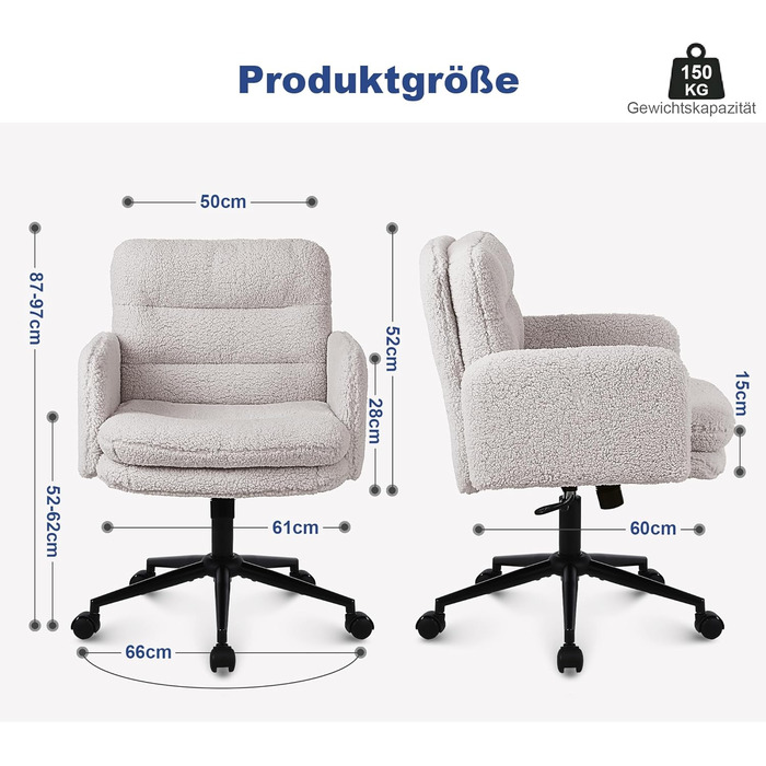 Крісло для столу Youhauchair з штучного хутра, зручне обертове крісло, ергономічне офісне крісло з регулюванням висоти, кремового кольору, кашемір