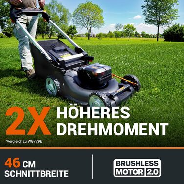 Акумуляторний газонокосарка WORX WG749E 40V PowerShare з приводним колесом, безщітковий двигун, ширина зрізу 46 см, 7 положень висоти зрізу, чорний колір, акумулятор та зарядний пристрій в комплекті