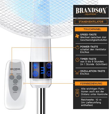 Вентилятор підлоговий Brandson 40 см, срібно-чорний, з пультом, 3 швидкості, коливання 80°, високий потік повітря