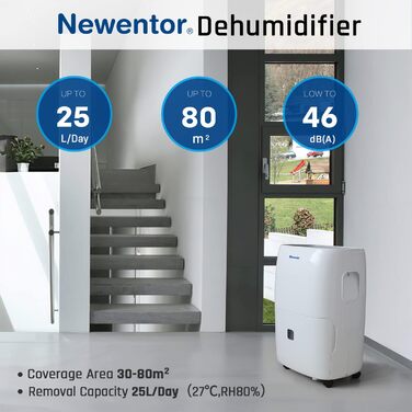 Осушувач повітря Newentor 25 л/день, енергоощадний, для приміщень до 80 м², з таймером, фільтром та зливним шлангом, для підвалів, 10 років гарантії
