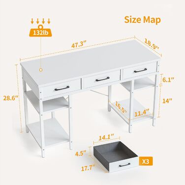 CubiCubi письмовий стіл 120x50 см з тканинними шухлядами та полицями, компактний комп'ютерний стіл для дому та офісу, сучасний білий стіл для робочого кабінету