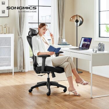Офісне крісло SONGMICS, ергономічне комп'ютерне крісло з сітки, регульована поперекова та підголівна підтримка, до 150 кг, чорне