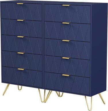 Набір з 2 комодів UEV 120x34x110 см, 10 шухляд, темно-синій, високий комод, тумба під ТВ, бічна шафа для вітальні, спальні, коридору